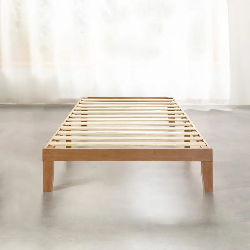 Natural Wood Platform Bed Frame – 12-Inch Solid Hardwood Queen Bed with Slats, No Box Spring Required, Rustic Modern Design