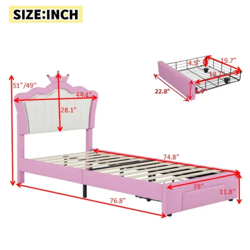 Twin Princess Bed Frame  Pink & White Upholstered Design with Crown Headboard & Built-in Drawer