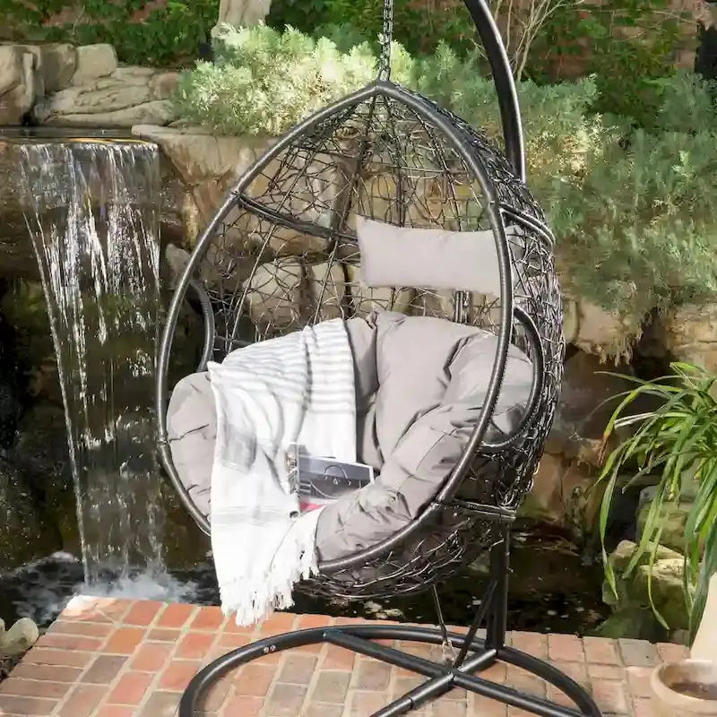 Weatherproof Wicker Hanging Basket Chair – Hammock-Style Seat with Cushions, 300 lb Capacity