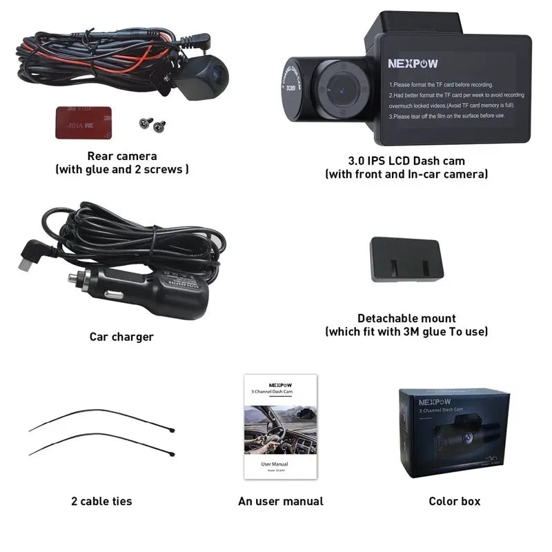 Nexpow Car Dash Cam 3 Channel, 4K Dash Camera Front and Rear, 3  LCD Screen