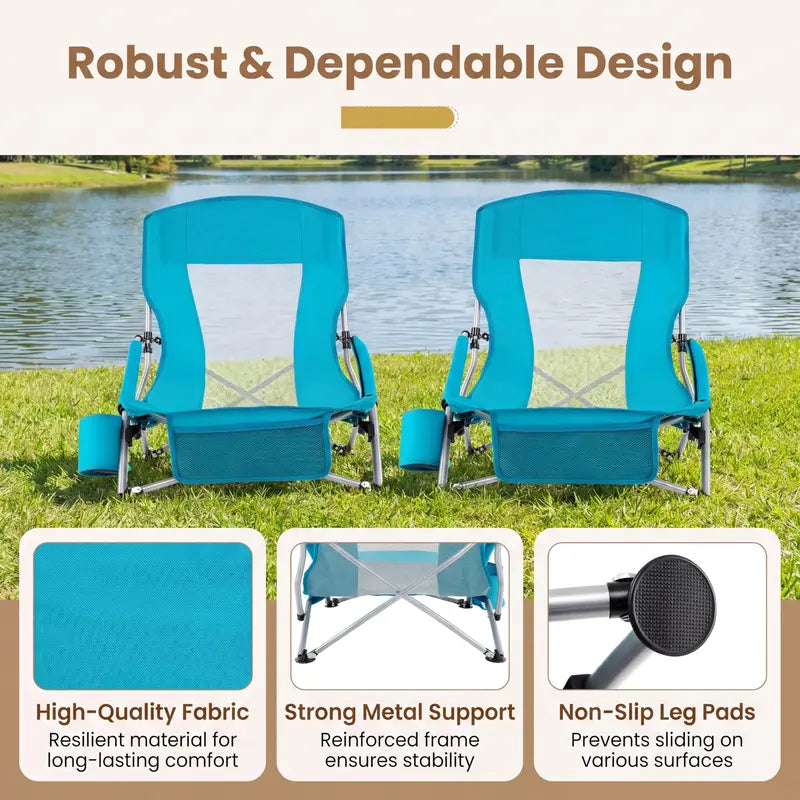 Set of Two Lightweight Folding Beach Chairs  Low-Profile Portable Camp Seating for Adults