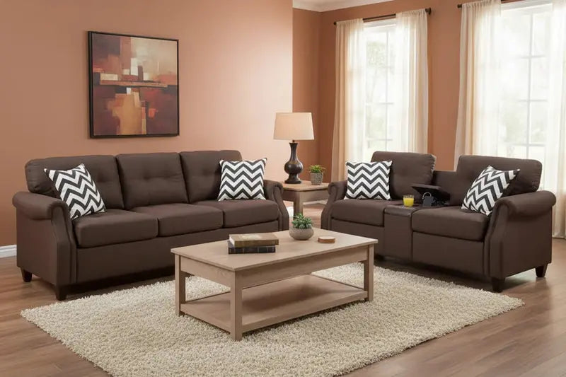 Modern 2-Piece Sofa Loveseat Set – Dark Brown Fabric, USB Charging Ports, 4 Decorative Pillows