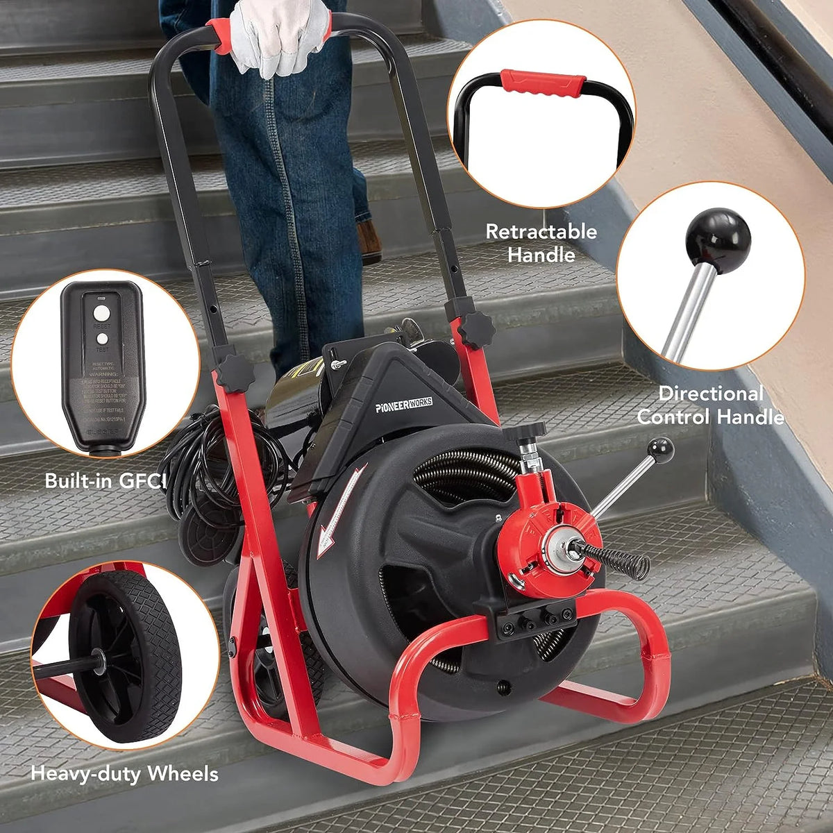 75ft x 1/2 in Drain Cleaner Machine, Auto - Feed Electric Drain Auger Professional for 2 to 4 in Pipes, with 6 Cutters, Glove, Drain Auger Cleaner Sewer Snake