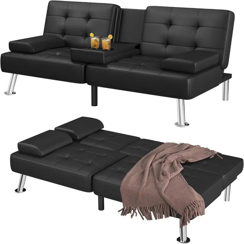 Modern Convertible Futon Sofa Bed with Cup Holders & Removable Armrests – Compact Black Artificial Leather Lounge for Small Living Spaces