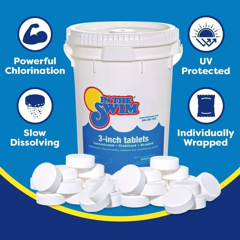In The Swim 3″ Tri-Chlor Stabilized Tablets — 90% Available Chlorine, Individually Wrapped, Slow-Release Formula — 50 lb