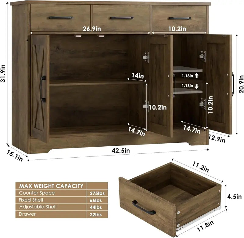 Modern Farmhouse Sideboard Buffet – Barn Door Design with Drawers, Shelves & Coffee Bar Storage