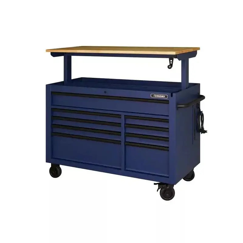 Industrial-Grade 52-Inch 9-Drawer Rolling Workbench with Solid Wood Top and Matte Blue Finish