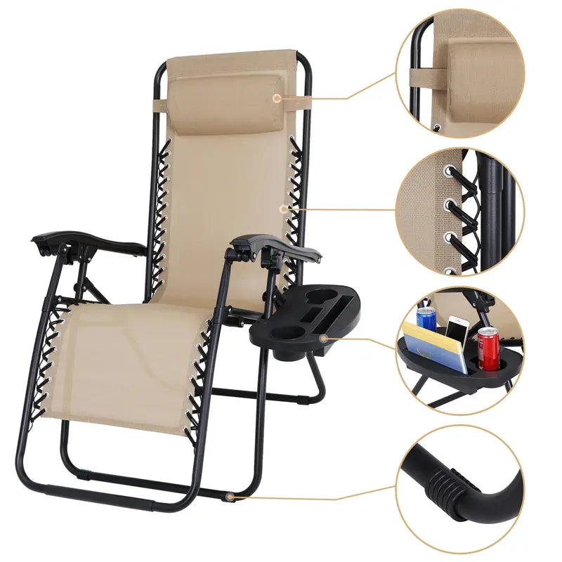 HomGarden Zero-Gravity Patio Chairs – 2-Pack Steel Frame Recliners in Neutral Beige