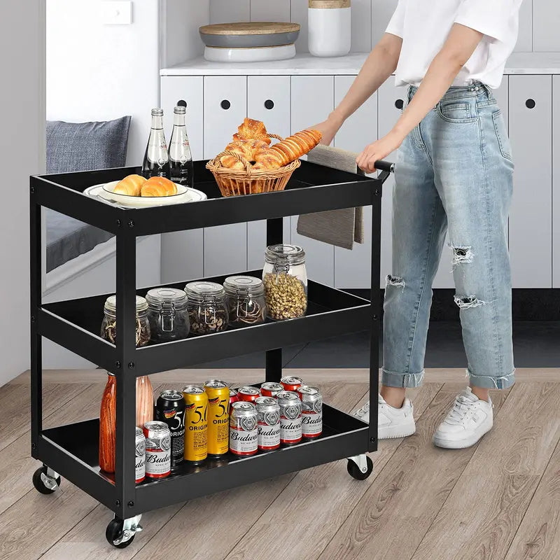 Heavy-Duty 3-Tier Utility Cart with Locking Casters for Commercial Use