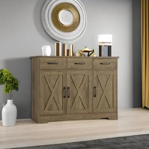 Modern Farmhouse Sideboard Buffet – Barn Door Design with Drawers, Shelves & Coffee Bar Storage