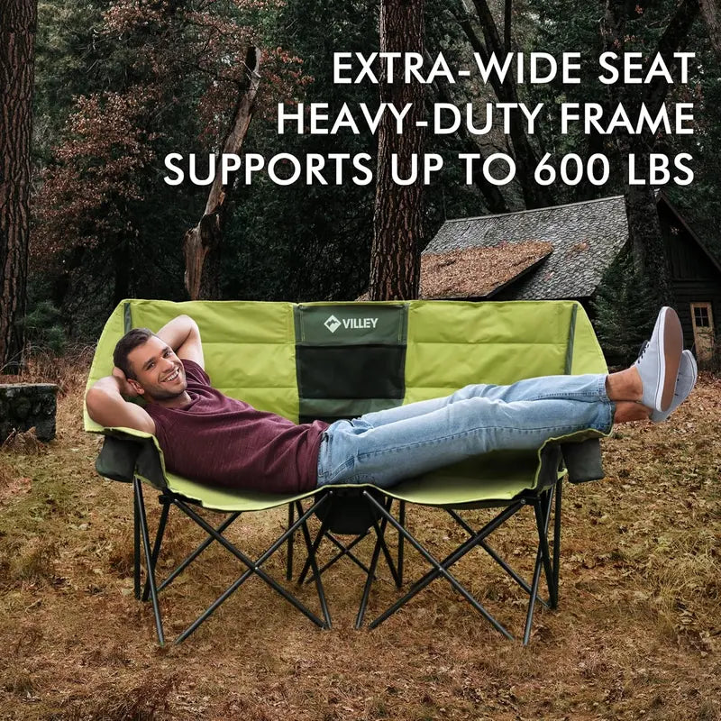 Heavy-Duty Double Loveseat Camping Chair – Extra-Wide Padded Folding Sofa for Two, Portable & Durable