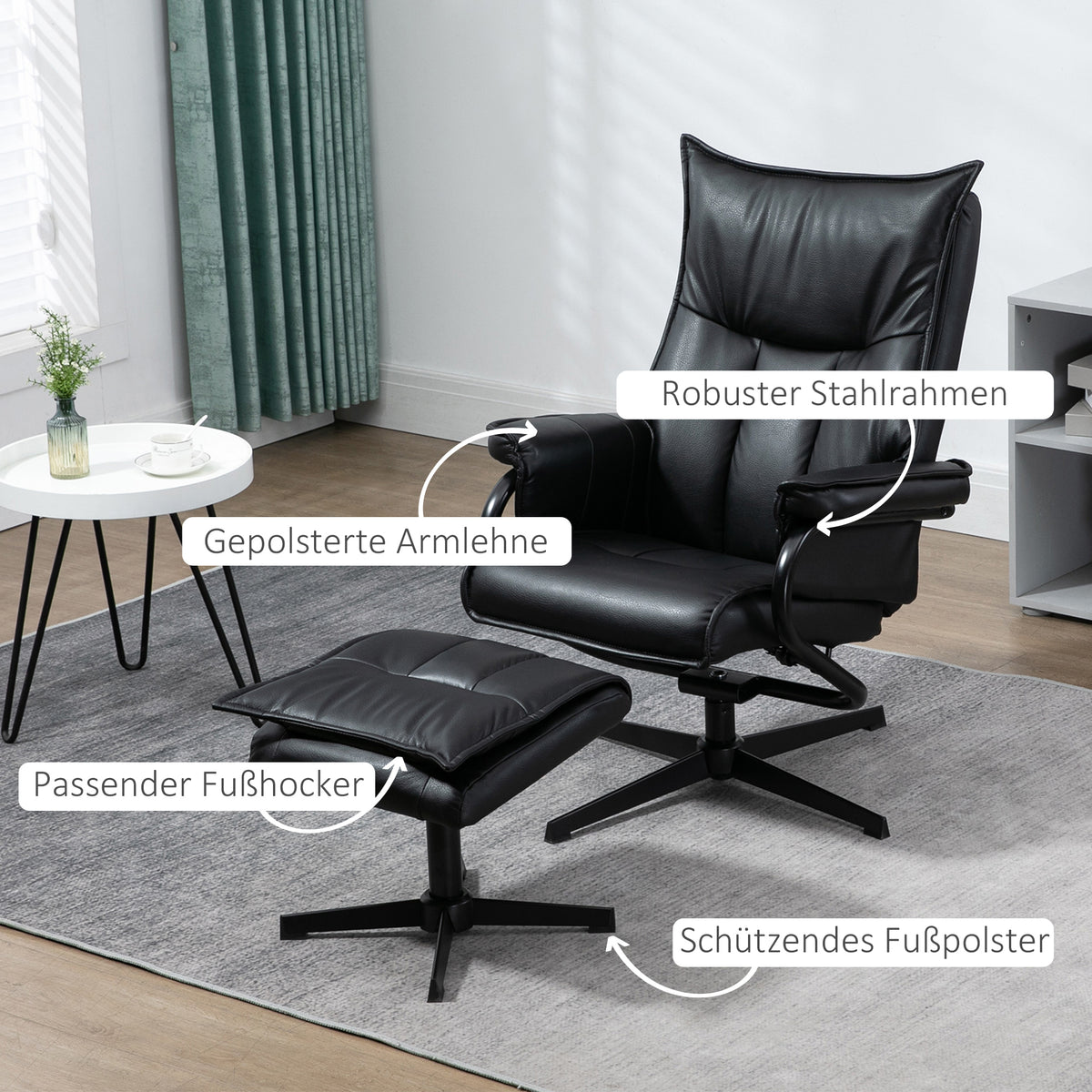 HOMCOM Relaxsessel mit Hocker, drehbar, neigbare Rückenlehne, Stahlrahmen, schwarz