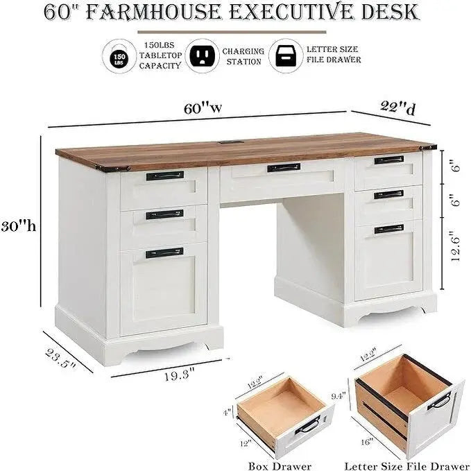 Farmhouse Executive Desk – 60-Inch Solid Wood Computer Desk for Home Offices and Professional Workspaces