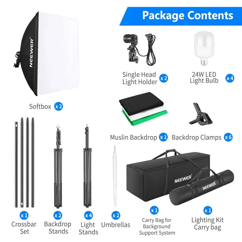 NEEWER Professional Photography Lighting Kit – Includes Softbox Lights, Light Stands, and Collapsible Backdrops
