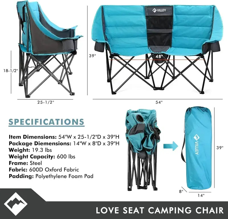 Heavy-Duty Double Loveseat Camping Chair – Extra-Wide Padded Folding Sofa for Two, Portable & Durable
