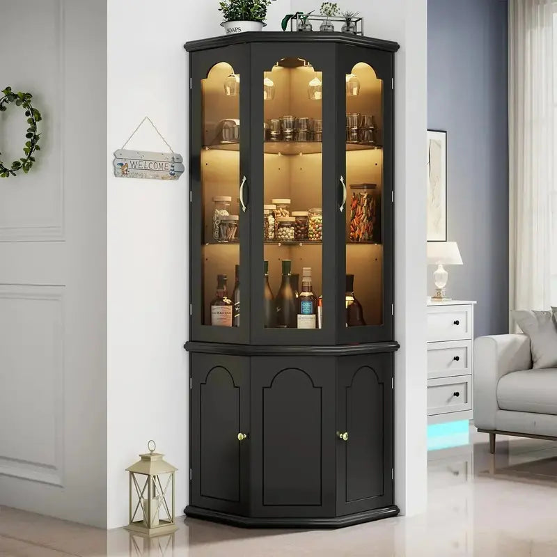 Modern Corner Wine Storage Cabinet – Tall LED-Lit Design for Home Bars and Dedicated Cellars