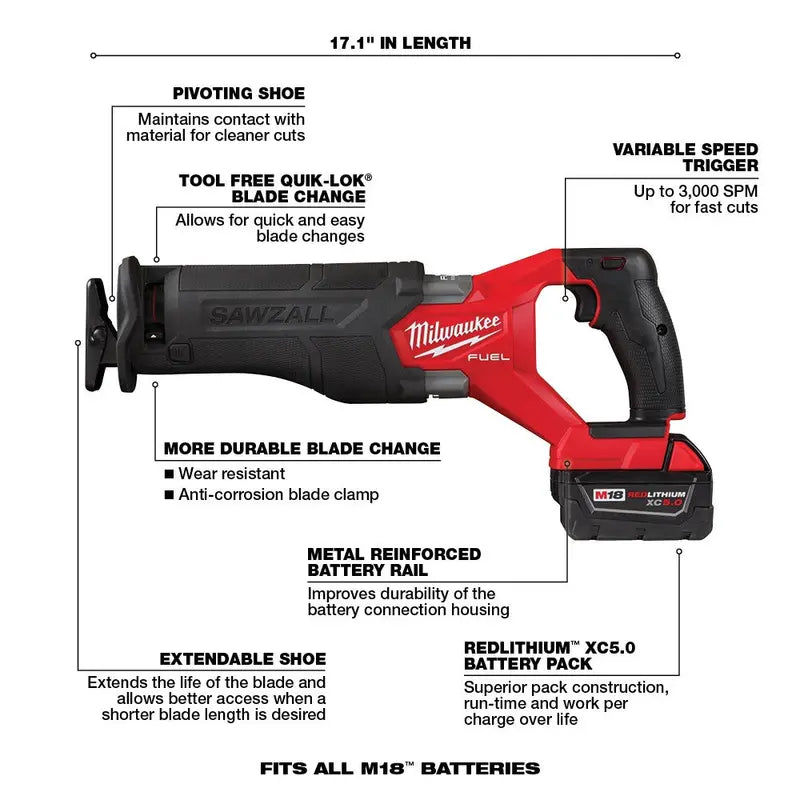Milwaukee M18 FUEL 7-Piece Cordless Tool Combo Kit – 18V Brushless, Includes 5.0 Ah Batteries