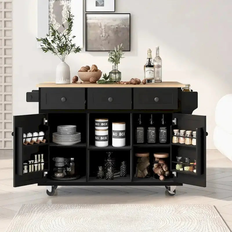 Mobile Kitchen Island on Casters – 5-Wheel Design with Cabinet & Triple Drawers