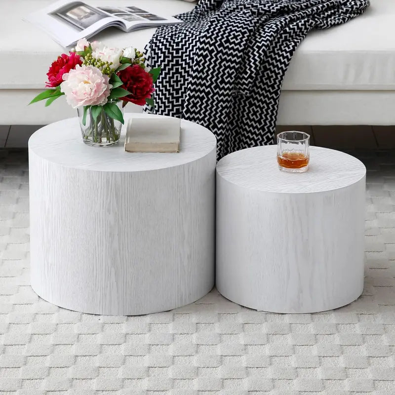 Modern Nesting Coffee Table Set of 2 – Walnut Round Accent Tables with Non-Slip Feet for Small Spaces
