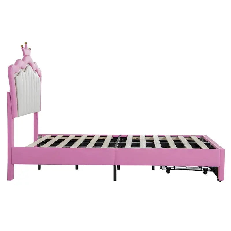 Twin Upholstered Platform Bed with Crown Headboard, Soft LED Accent Lighting, and Storage Drawer  Pink & White Design