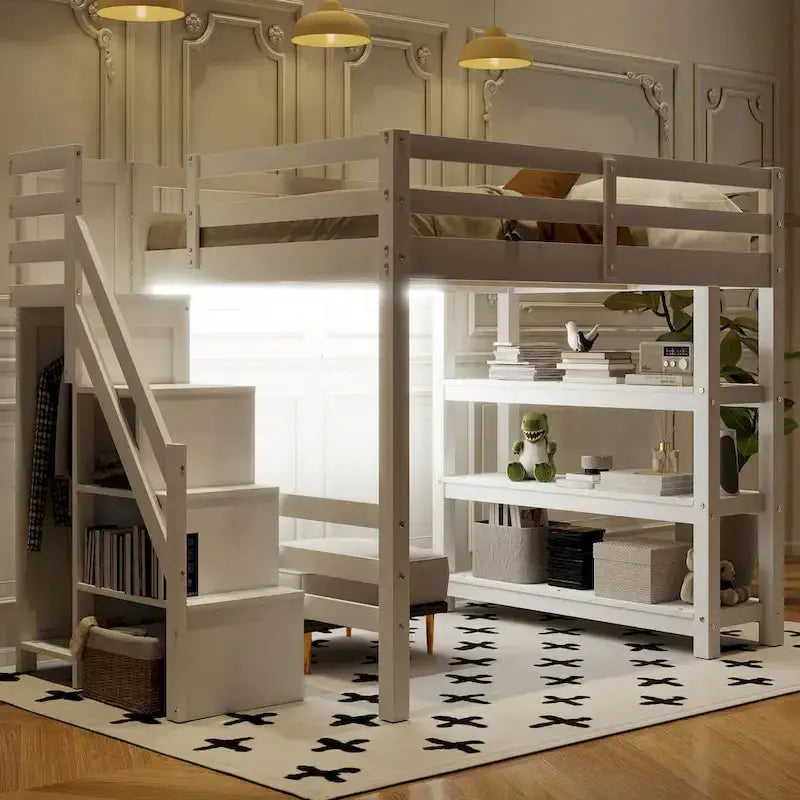 Full/Twin Loft Bed with Integrated Storage Stairs – Includes Shelves, Wardrobe, and LED Lighting for Maximized Small-Space Utility