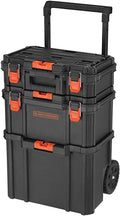Modular Stackable Storage Set: Small Toolbox, Dark-Finish Toolbox, and Rolling Handbag