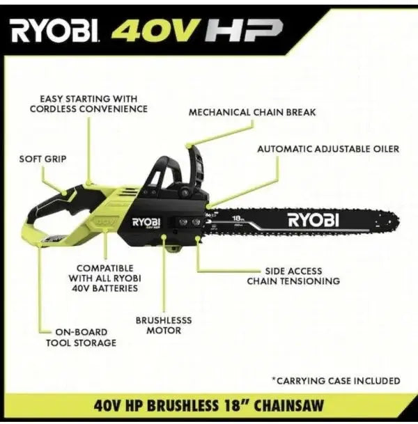 RYOBI 40V Cordless Chainsaw Kit – Includes Battery & Charger, Green Design