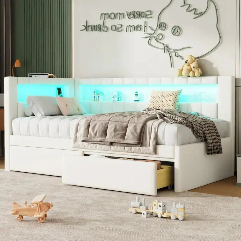 Modern Upholstered Platform Bed Frame – Full or Twin Size with USB Ports, LED Lighting & Dual Storage Drawers