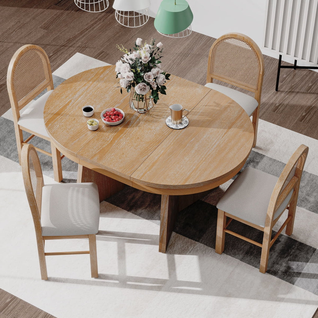 5 - Piece Extendable Dining Table Set for 4 People, Solid Wood Kitchen Table Set with 4 Upholstered Chairs and Rattan Backrests for Dining Room and Kitchen, Natural