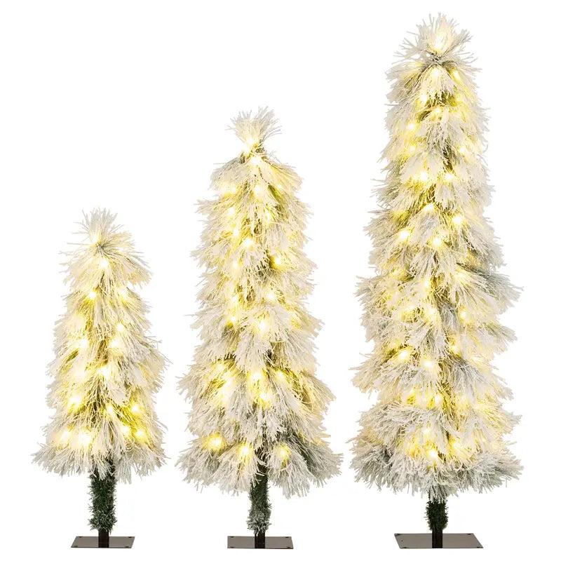 Holiday Tree Trio – Assorted 3', 4', and 5' Snow-Flocked Pre-Lit Christmas Trees