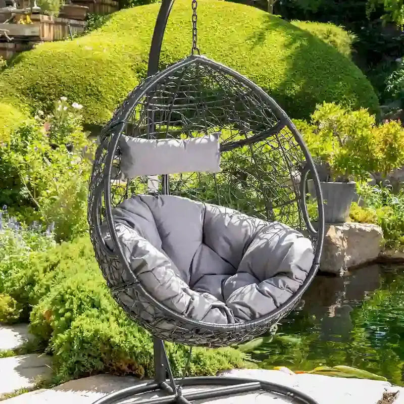 Weatherproof Wicker Hanging Basket Chair – Hammock-Style Seat with Cushions, 300 lb Capacity
