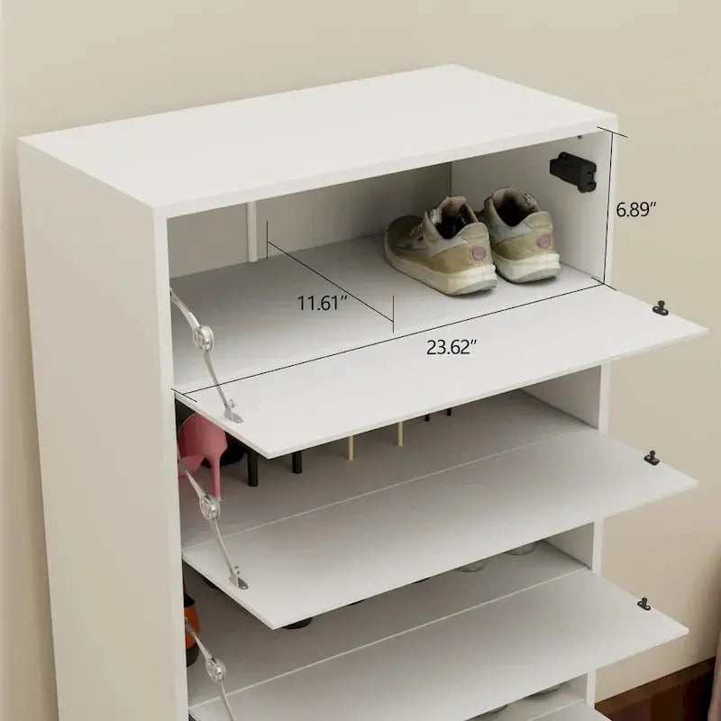 Mirror-Front Shoe Cabinet — 6 Flip-Down Drawers, Metal Frame, Touch-Activated Doors