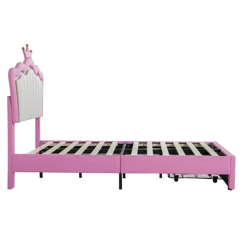Twin Princess Bed Frame  Pink & White Upholstered Design with Crown Headboard & Built-in Drawer