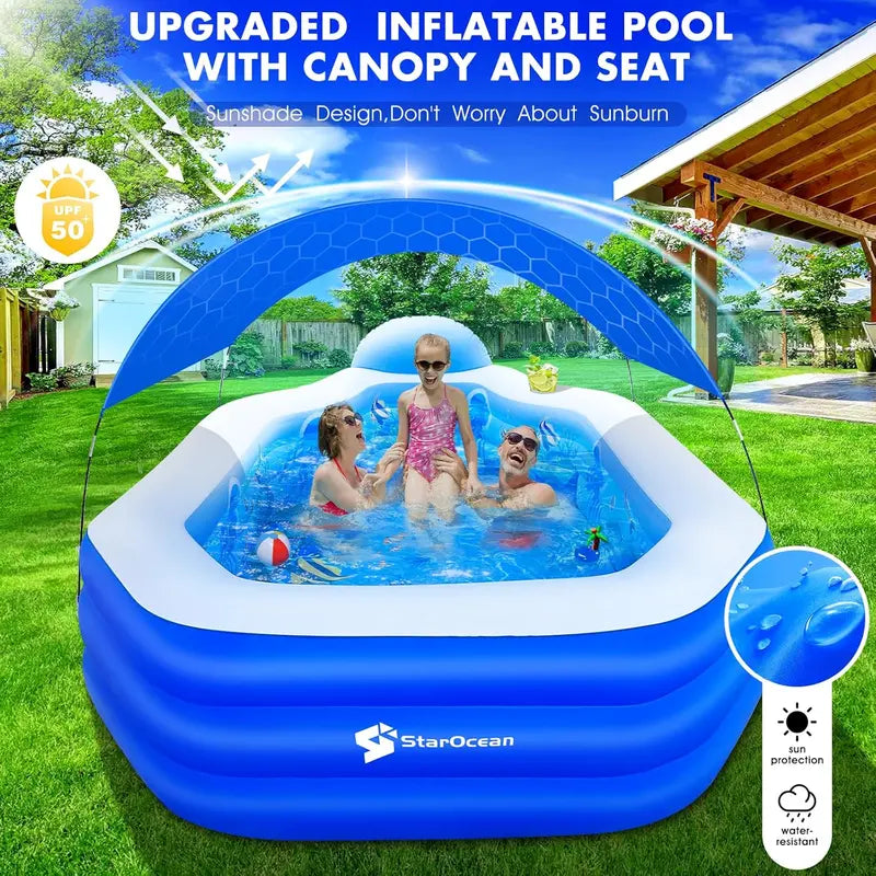 Large Canopy Inflatable Family Pool with Built-in Seats – 118″ x 75″ x 22″, Dark Blue
