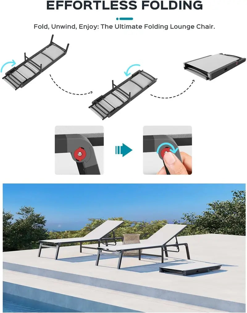 Foldable Aluminum Chaise Lounge – Tool-Free Assembly, 5-Position Adjustable Backrest for Poolside, Beach or Patio, Black