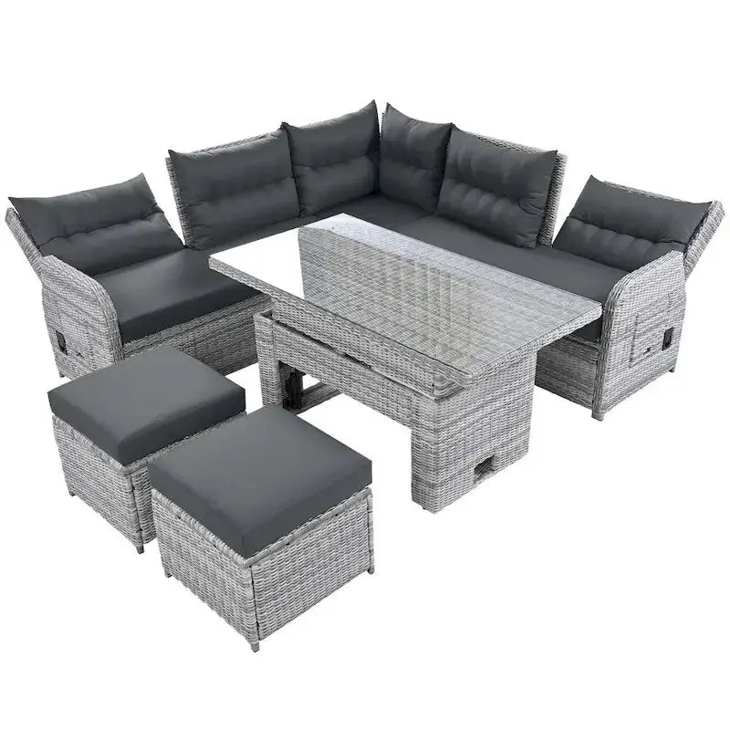 Modular Outdoor Rattan Seating Set with Reclining Chairs, Ottomans, and Adjustable Table
