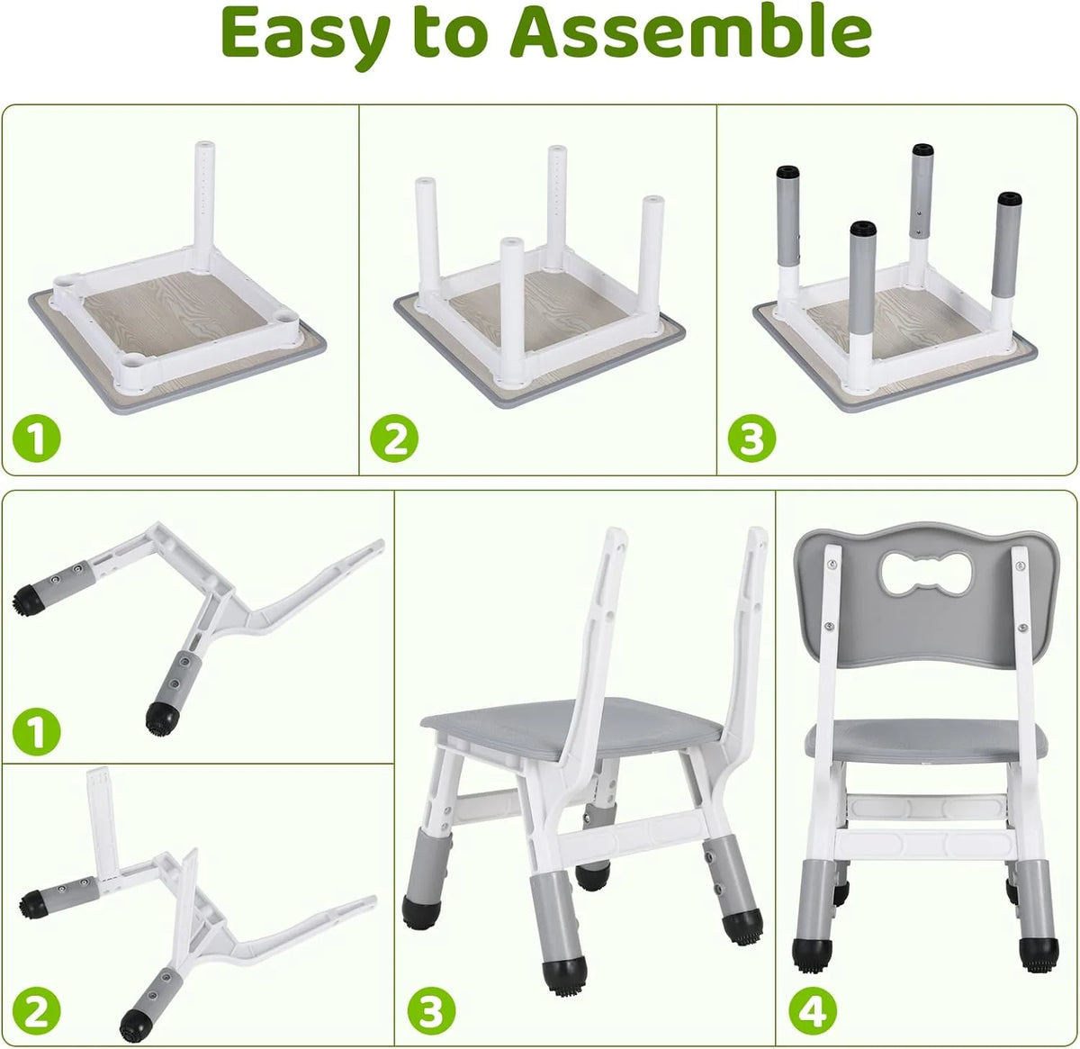 Arlopu 5 Pcs Kids Table and Chairs Set, Height Adjustable, Toddlers Activity Table & 4 Chairs Set for Study, Grey