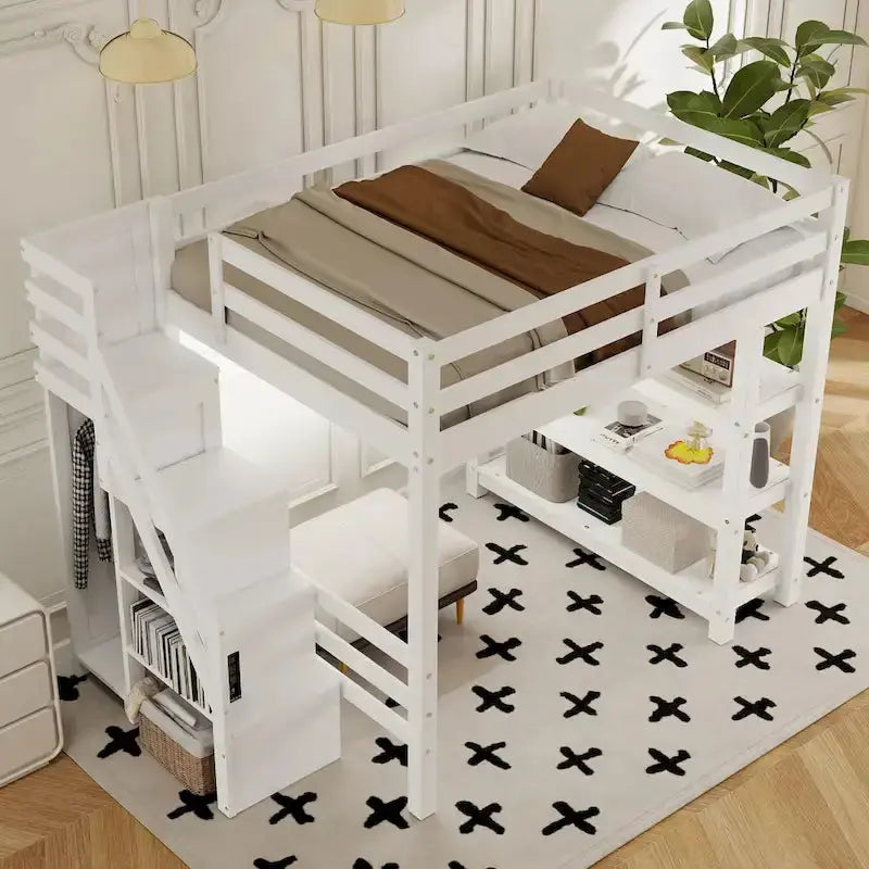 Full/Twin Loft Bed with Integrated Storage Stairs – Includes Shelves, Wardrobe, and LED Lighting for Maximized Small-Space Utility