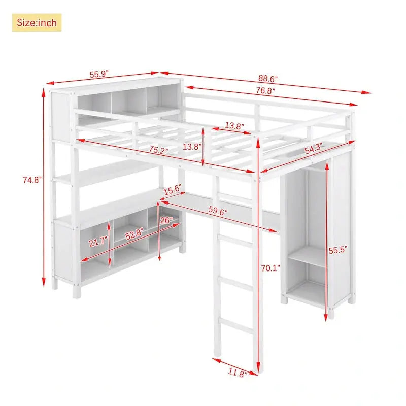 Industrial-Style Loft Bed – Full-Size Metal Frame with Integrated Desk and Wardrobe