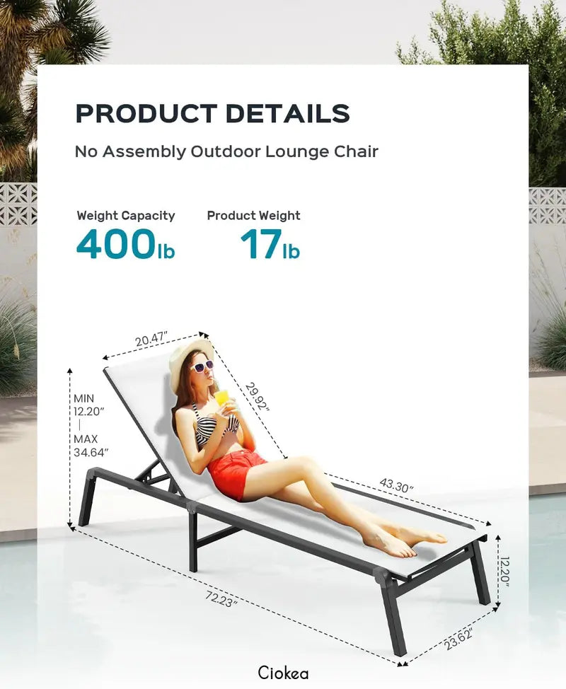 Foldable Aluminum Chaise Lounge – Tool-Free Assembly, 5-Position Adjustable Backrest for Poolside, Beach or Patio, Black