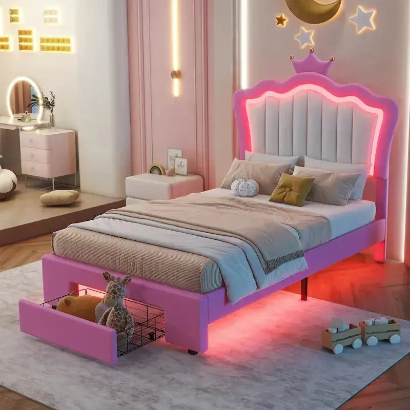 Twin Upholstered Platform Bed with Crown Headboard, Soft LED Accent Lighting, and Storage Drawer  Pink & White Design