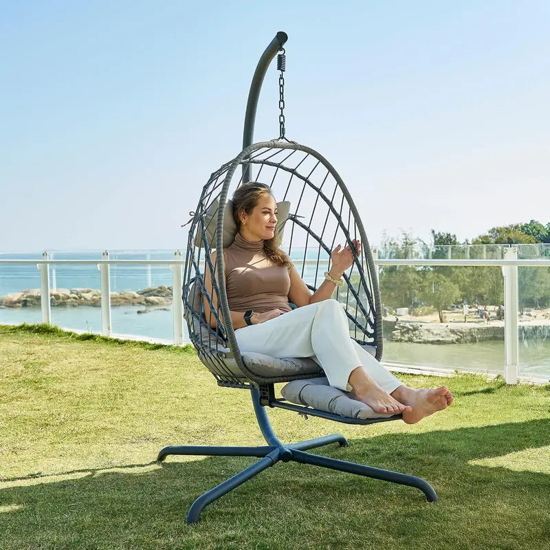 UV-Resistant Hanging Egg Chair with Stand, Leg Rest & Rattan Wicker Design