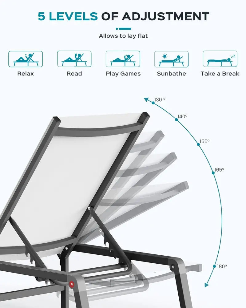 Foldable Aluminum Chaise Lounge – Tool-Free Assembly, 5-Position Adjustable Backrest for Poolside, Beach or Patio, Black