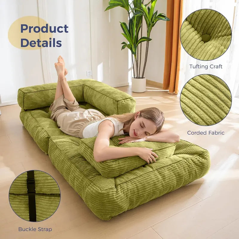 L-Shaped Folding Sofa Bed – Convertible Living Room Lounger with Armrests & Pillows