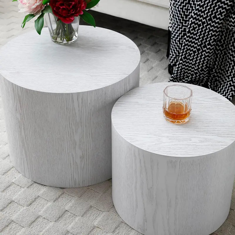 Modern Nesting Coffee Table Set of 2 – Walnut Round Accent Tables with Non-Slip Feet for Small Spaces
