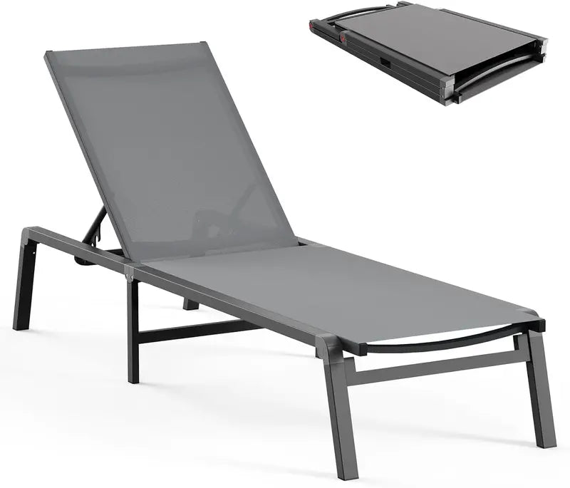 Foldable Aluminum Chaise Lounge – Tool-Free Assembly, 5-Position Adjustable Backrest for Poolside, Beach or Patio, Black
