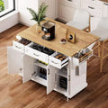 Rubberwood Rolling Kitchen Island  54 Drop-Leaf Cart with 4 Doors, 3 Drawers, and Embossed Texture