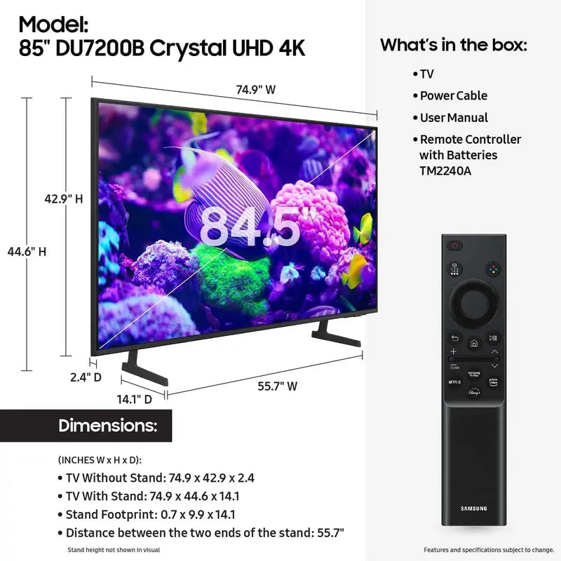 Samsung 85″ Crystal UHD 4K Smart TV – DU7200B 2024 Edition with PurColor and HDR Support