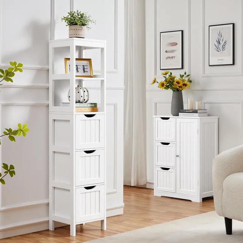 Yaheetech Freestanding Bathroom Floor Cabinet – Two-Drawer White Wooden Organizer with Side Rack & Shelf