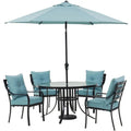 Hanover Lavallette 5-Piece Dining Ensemble — Ocean Blue Chairs, 52-Inch Round Glass Table, Umbrella & Base